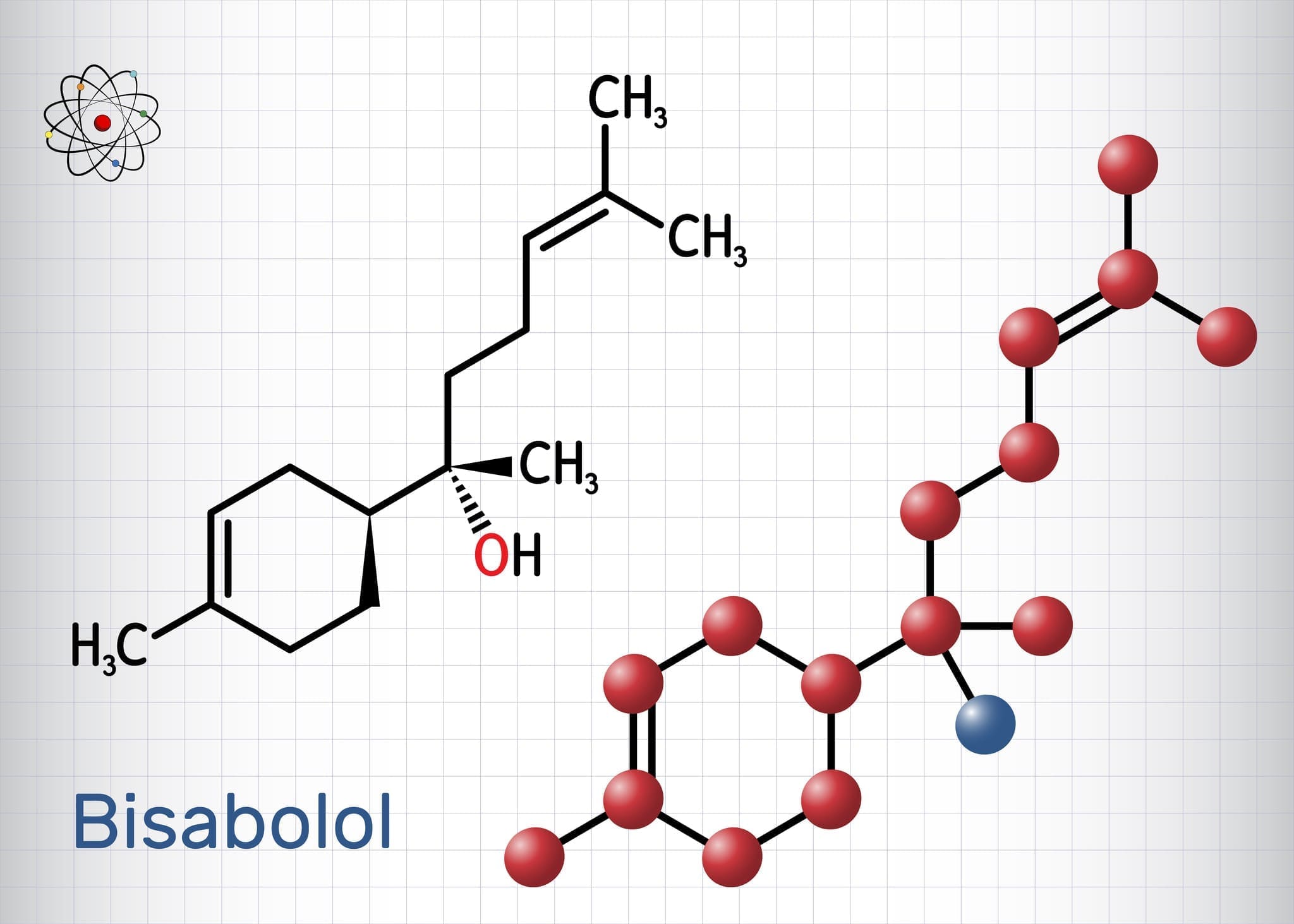 Bisabolol Alpha Bisabolol Levomenol Molecule It Is Natural Sesquiterpene Alcohol Used In Fragrances Structural Chemical Formula Molecule Model Sheet Of Paper In A Cage