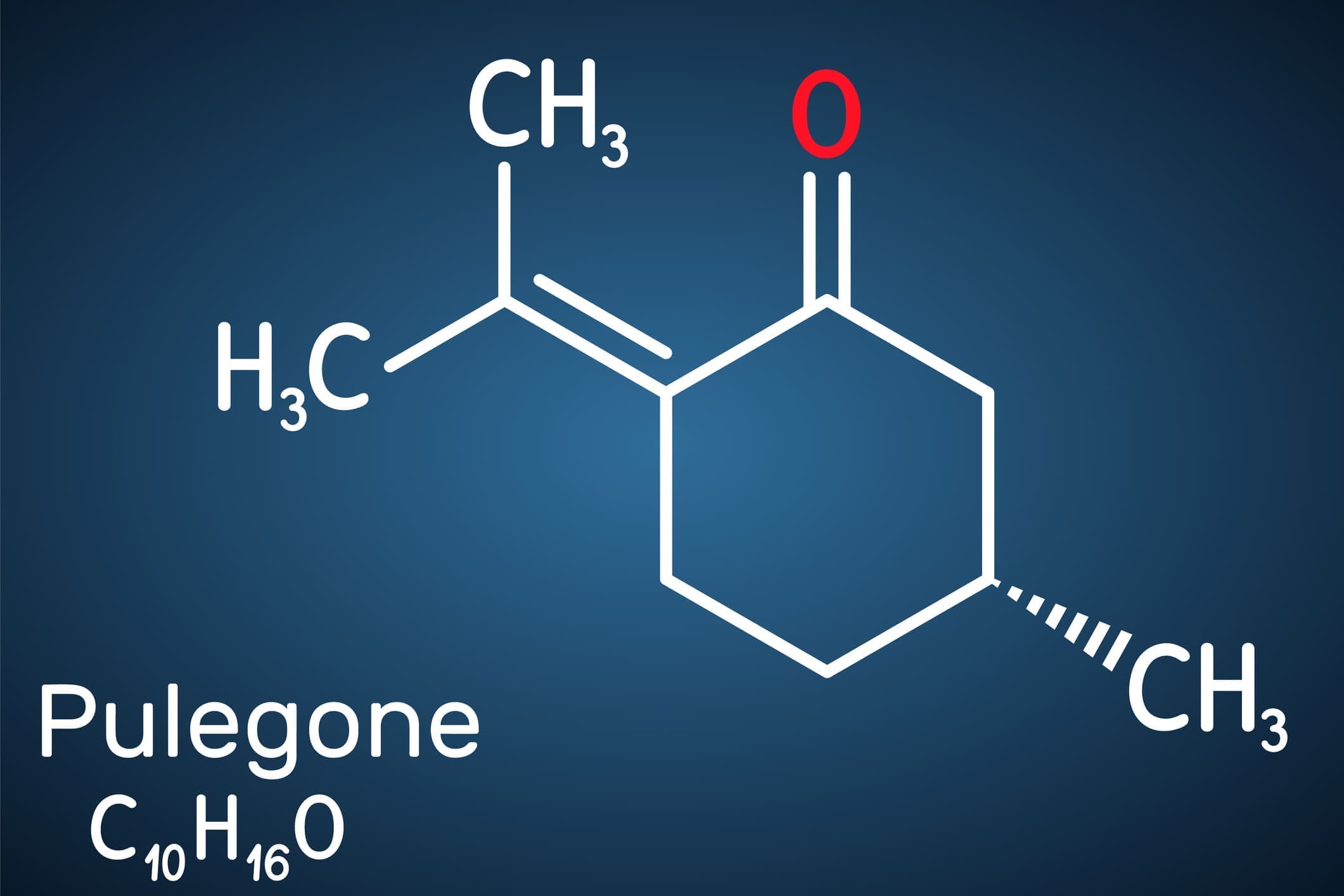 Pulegone Molecule It Is Natural Component Of Essential Oils Structural Chemical Formula And Molecule Model On The Dark Blue Background